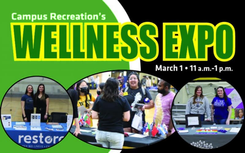 Graphic with photos of the Wellness Expo and the text, "Campus Recreation's Wellness Expo March 1, 2023 11 a.m.-1 p.m."