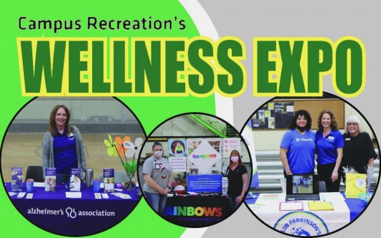 Photo of vendors at the Wellness Expo with the text, "Campus Recreation's Wellness Expo"
