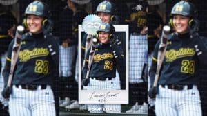 Graphic with a photo of #28 Lauren Lucas with Shocker softball with a bolded "#23" for the ranking from D1Softball.