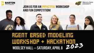 Graphic with photos of students and the text, "Join us for an impactful workshop and fun competition! Agent based modeling workshop + hackathon 2023 | Woolsey Hall - Saturday, April 8.