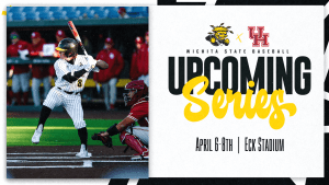 Photo of a player for Shocker baseball gear up to swing a ball at the plate with the text, "Wichita State Baseball Upcoming Series | April 6-8th | Eck Stadium" and the WuShock and University of Houston logos.
