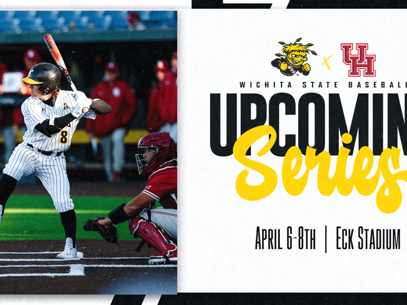 Photo of a player for Shocker baseball gear up to swing a ball at the plate with the text, "Wichita State Baseball Upcoming Series | April 6-8th | Eck Stadium" and the WuShock and University of Houston logos.