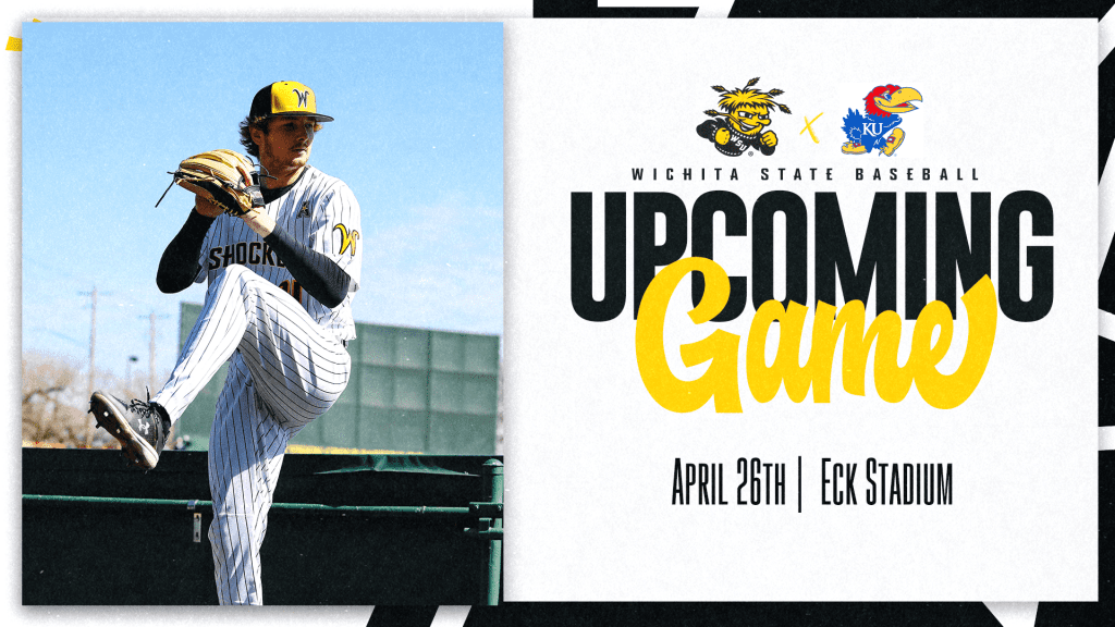 Graphic with a photo of a Shocker baseball player gearing up to pitch and the text, "Wichita State baseball Upcoming Game April 26th | Eck Stadium" and the WuShock and KU logos.