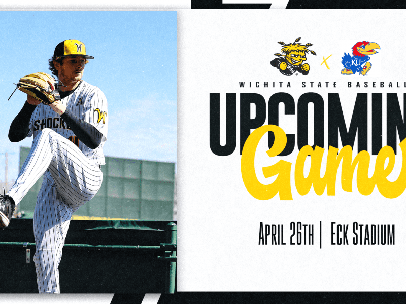Graphic with a photo of a Shocker baseball player gearing up to pitch and the text, "Wichita State baseball Upcoming Game April 26th | Eck Stadium" and the WuShock and KU logos.