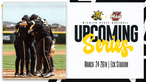 Photo of a Shocker baseball huddle wit the text "Wichita State Baseball Upcoming Series | March 24-26th | Eck Stadium" and the WuShock University of Massachusetts logos.