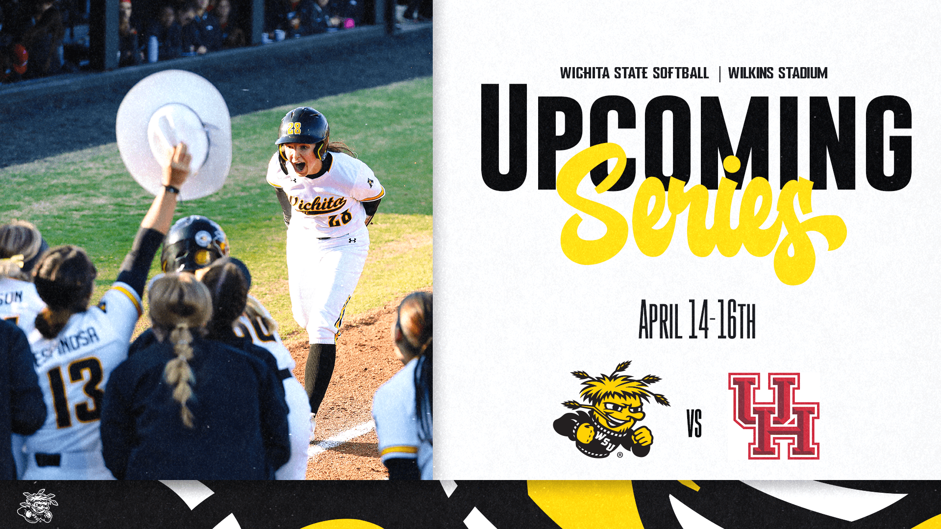 Graphic with a photo of a softball game and the text, "Wichita State Softball | WIlkins Stadium Upcoming Series. April 14-16th" and the WuShock and Houston logos.