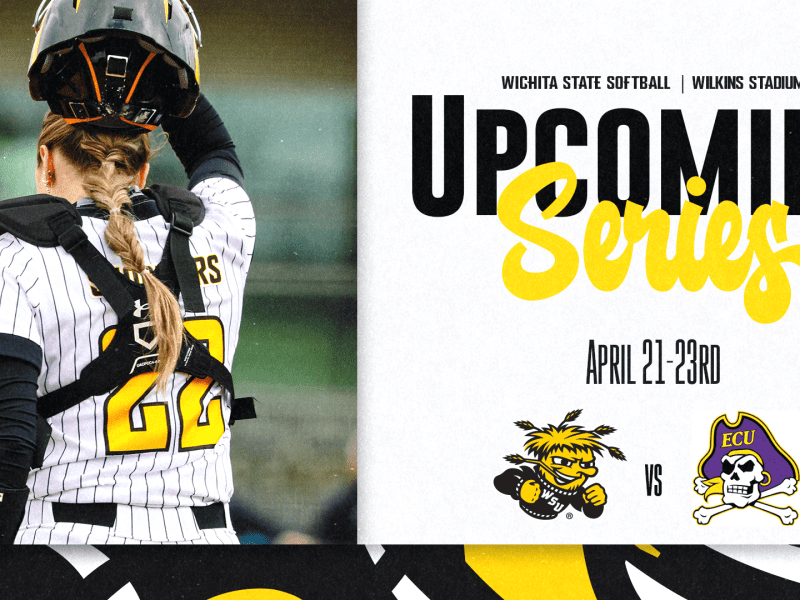 Graphic with a photo of a Shocker softball player and the text, "Wichita State Softball | Wilkins Stadium Upcoming Series. April 21-23rd" and the WuShock and ECU logos.