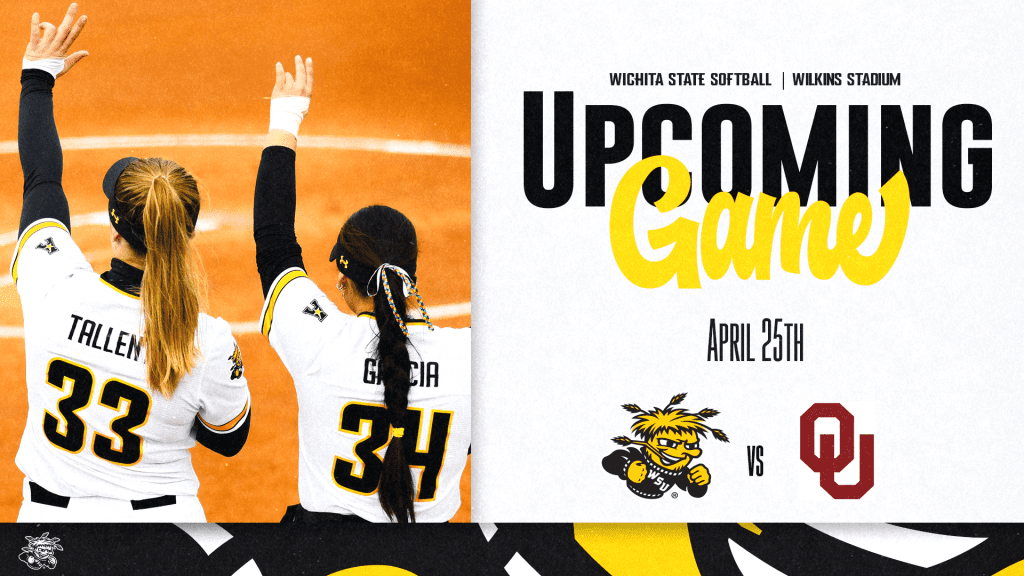 Graphic with a photo of two softball players doing the Shockers salute with the text, "Wichita State Softball | Wilkins Stadium Upcoming Game April 25th" and the WuShock and OU logos.