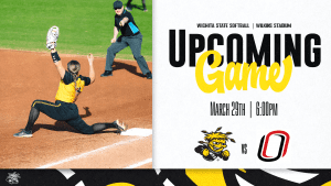 Graphic with a photo of a softball player and the text, "Wichita State Softball | Wilkins Stadium. Upcoming game March 29th | 6:00pm" and the WuShock and Omaha logos.