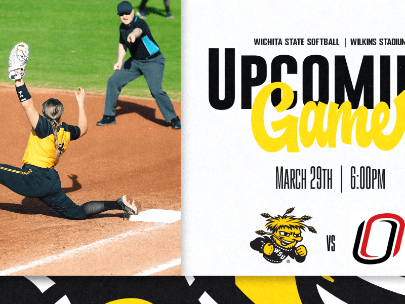 Graphic with a photo of a softball player and the text, "Wichita State Softball | Wilkins Stadium. Upcoming game March 29th | 6:00pm" and the WuShock and Omaha logos.