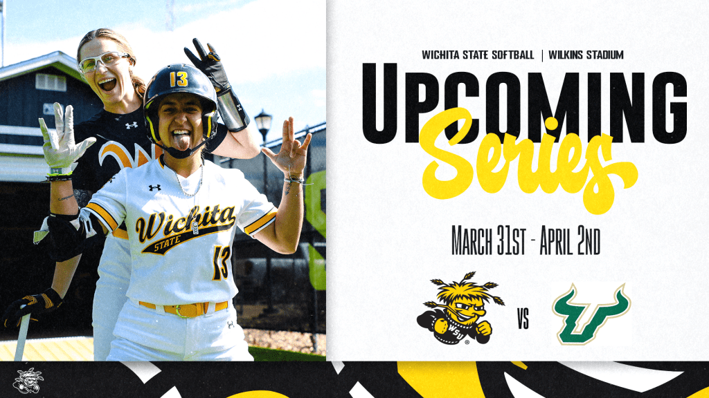 Photo of Shocker softball players with the text, "Wichita State Softball | Wilkins Stadium. Upcoming Series. March 31st - April 2nd" and the WuShock and South Florida logos