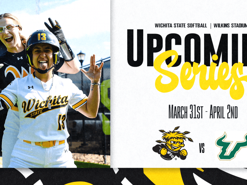 Photo of Shocker softball players with the text, "Wichita State Softball | Wilkins Stadium. Upcoming Series. March 31st - April 2nd" and the WuShock and South Florida logos
