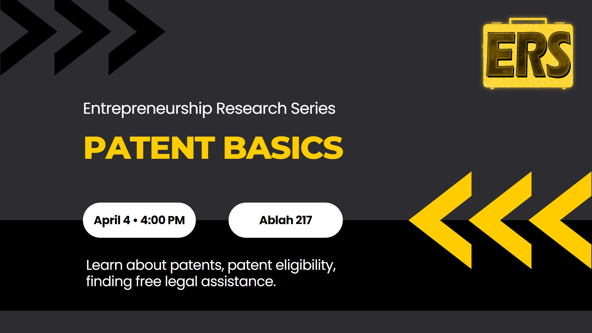Graphic with the text, "Entrepreneurship Research Series Patent Basics April 4 • 4:00 PM Ablah 217 Learn about patents, patent eligibility, finding free legal assistance."