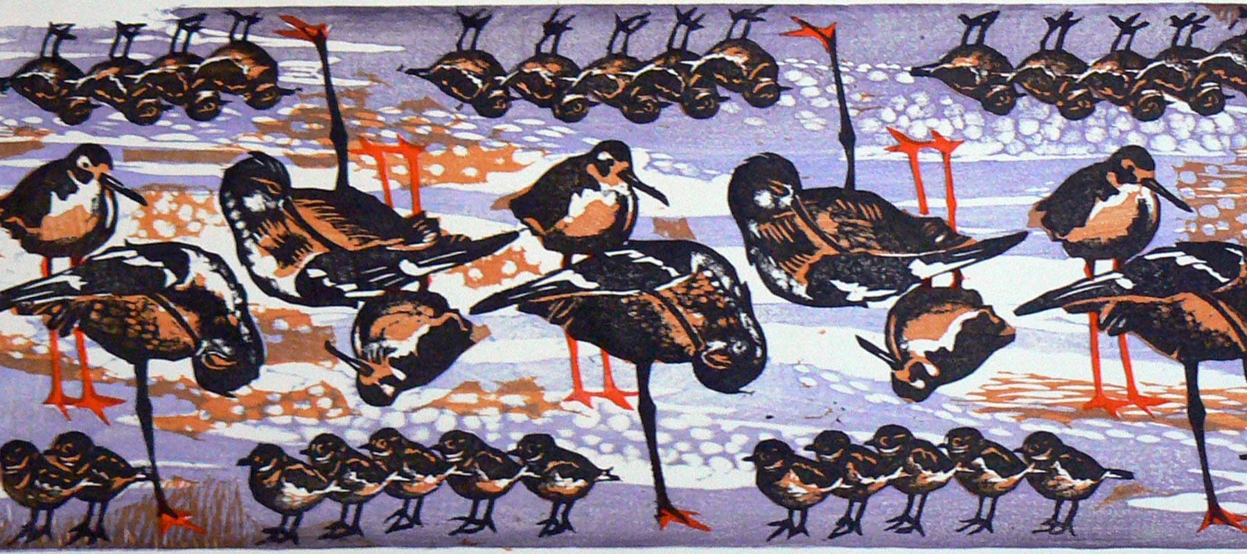 Many gathered birds are depicted on a Japanese print.