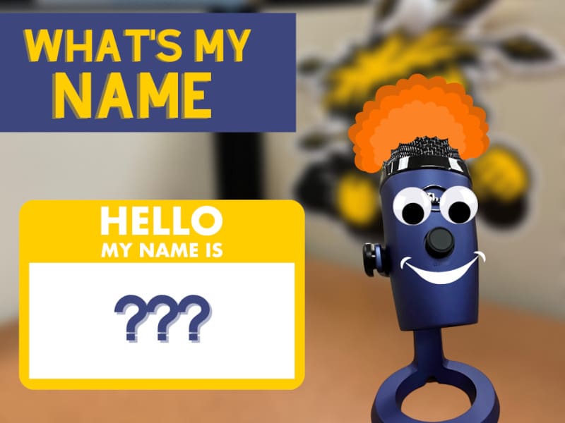"What's My Name?" My Name is sticker containing three yellow question marks. A blue podcast microphone with edited on eyes, orange hair, and a smile.