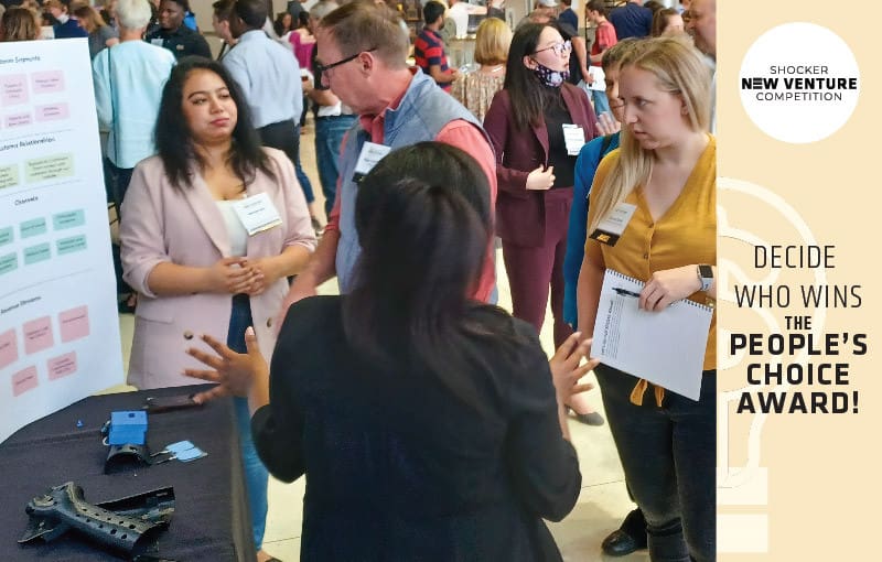Photo of people congregate around a booth and speak with the three competitors, and the text "Shocker New Venture Competition. Decide who wins the People's Choice Award!"