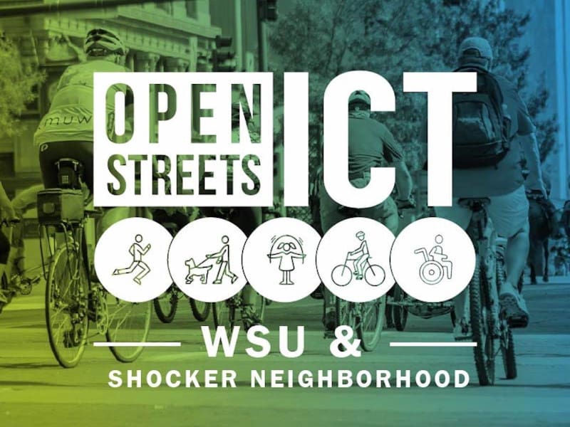 Photo of people riding bikes on the streets of Wichita with the text, "Open Streets ICT. WSU & Shocker Neighborhood.""