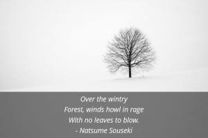 A wintery landscape with a leafless tree in the center accompanied by a poem which reads, "Over the wintry Forest, winds howl in rage With no leaves to blow. by Natsume Souseki"