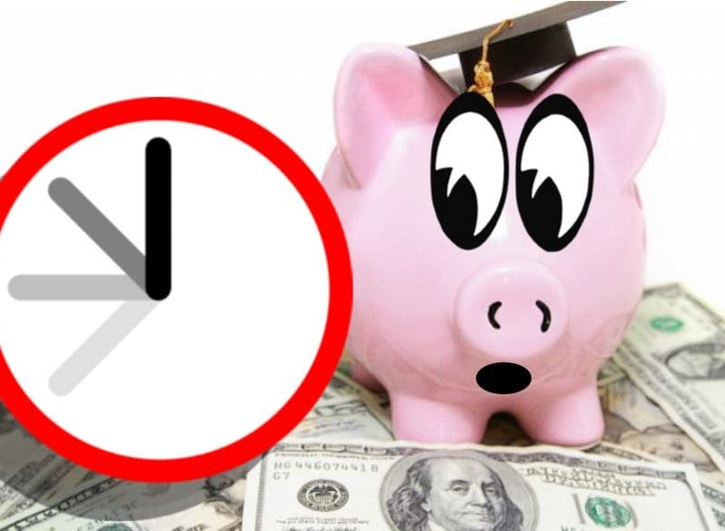 Graphic with a photo of a piggy bank with cartoon eyes looking at a ticking clock.