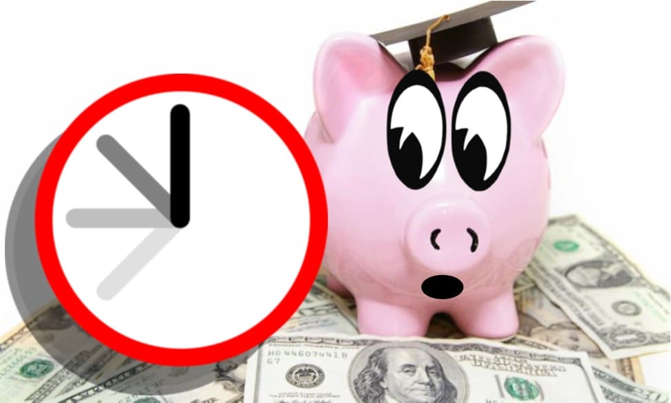 Graphic with a photo of a piggy bank with cartoon eyes looking at a ticking clock.