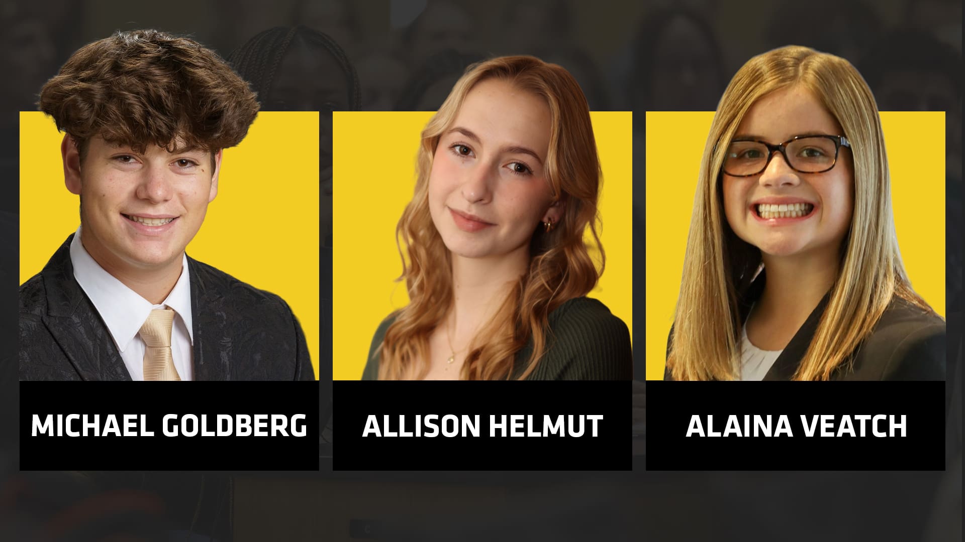 Graphic with a photo of the 2023 Koch Scholars Michael Goldberg, Allison Helmut and Alaina Veatch and their names