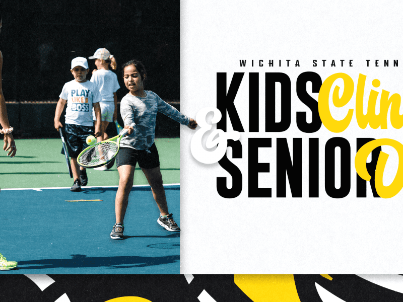 Graphic with a photo of kids playing tennis and the text, "Wichita State Tennis Kids Clinic & Senior Day."