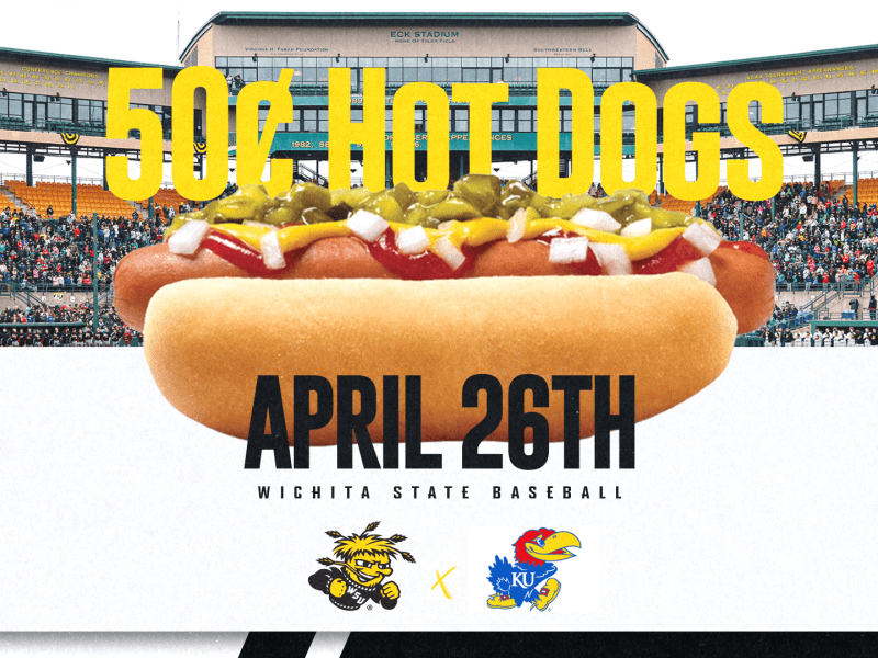 Graphic with a photo of baseball stadium stands and a hotdog with the text, "50 cent Hot Dogs April 26th | Wichita State baseball" and the WuShock and KU Jayhawks logos.