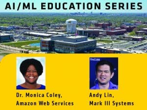Drone photo of WSU Innovation Campus with headshots of Dr. Monica Coley (from Amazon Web Services) and Andy Lin (from Mark III Systems) and the text, "AI/ML Education Series."