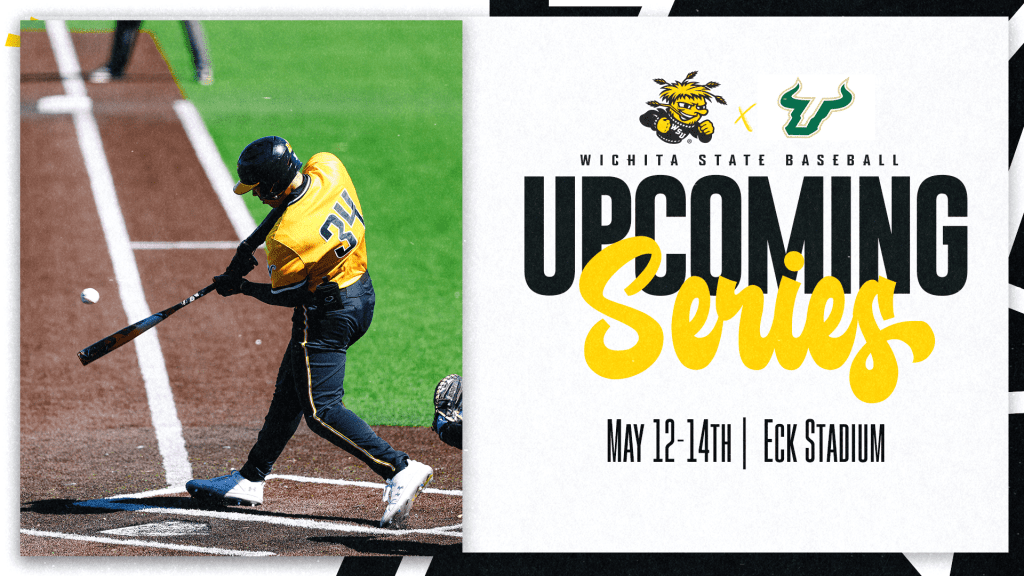 Graphic with a photo of a Shocker baseball player batting and the text, "Wichita State Baseball Upcoming Series. May 12-14th | Eck Stadium" and the WuShock and USF logos.