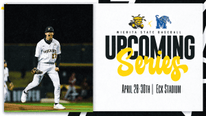 Graphic with a photo of a Shocker baseball player and the text, "Wichita State Baseball Upcoming series. April 28-30th | Eck Stadium" and the WuShock and University of Memphis logos.