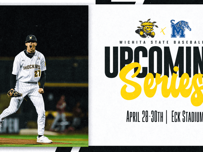 Graphic with a photo of a Shocker baseball player and the text, "Wichita State Baseball Upcoming series. April 28-30th | Eck Stadium" and the WuShock and University of Memphis logos.