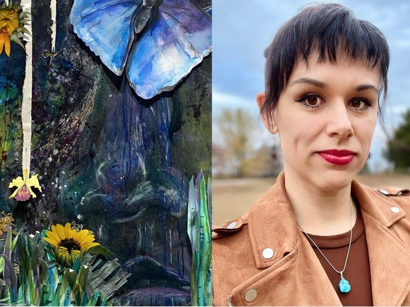 Graphic with a picture of a floral-based abstract by Lori Santos, and a photo of Tatiana Larsen.