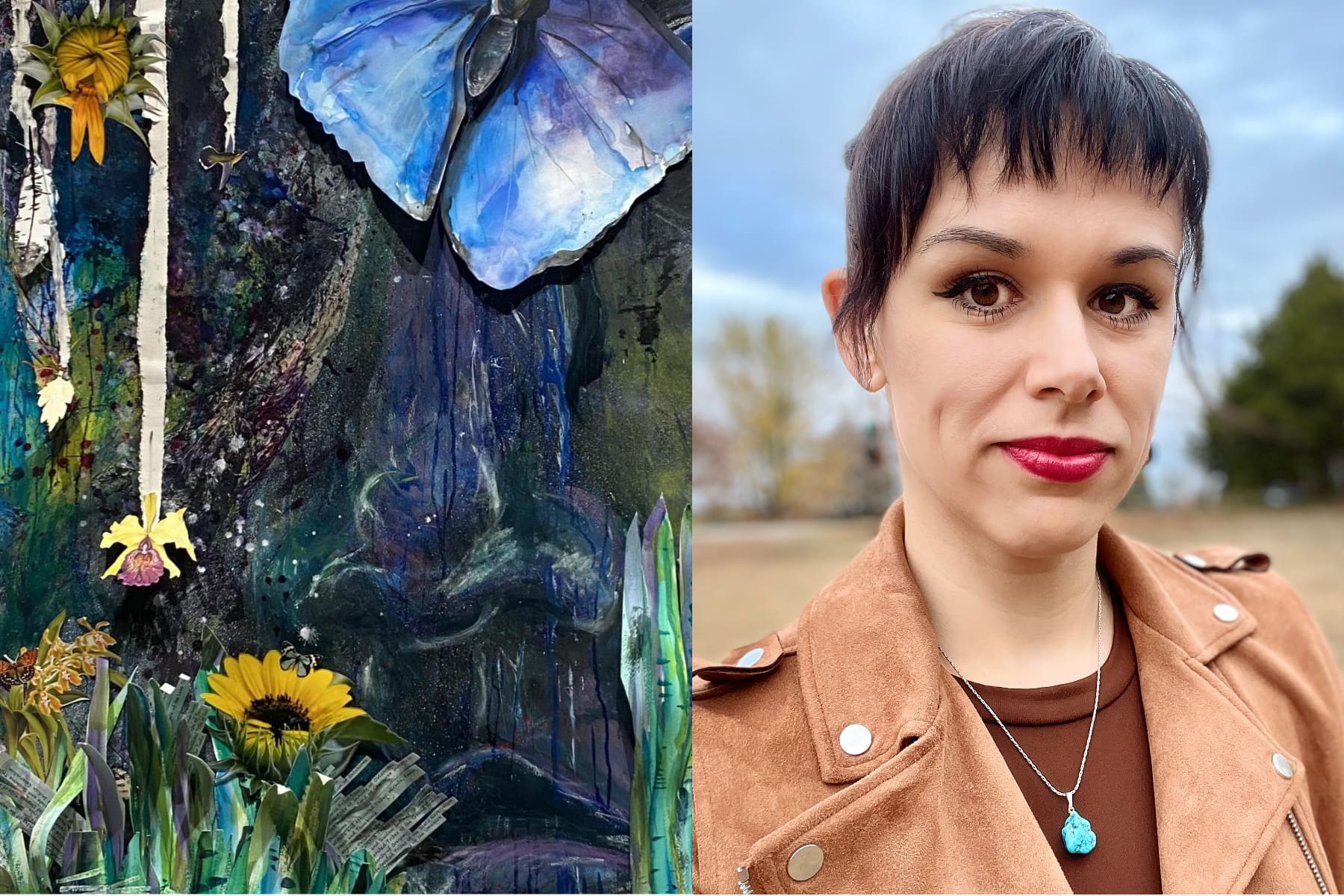 Graphic with a picture of a floral-based abstract by Lori Santos, and a photo of Tatiana Larsen.