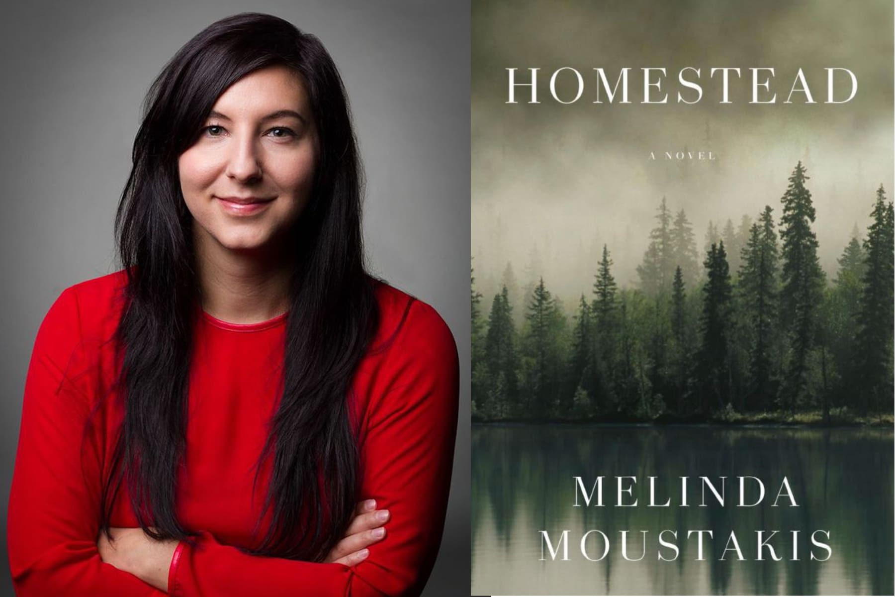 Photo of WSU's 2023 distinguished visiting writer, Melinda Moustakis and an image of the cover of her novel, Homestead.