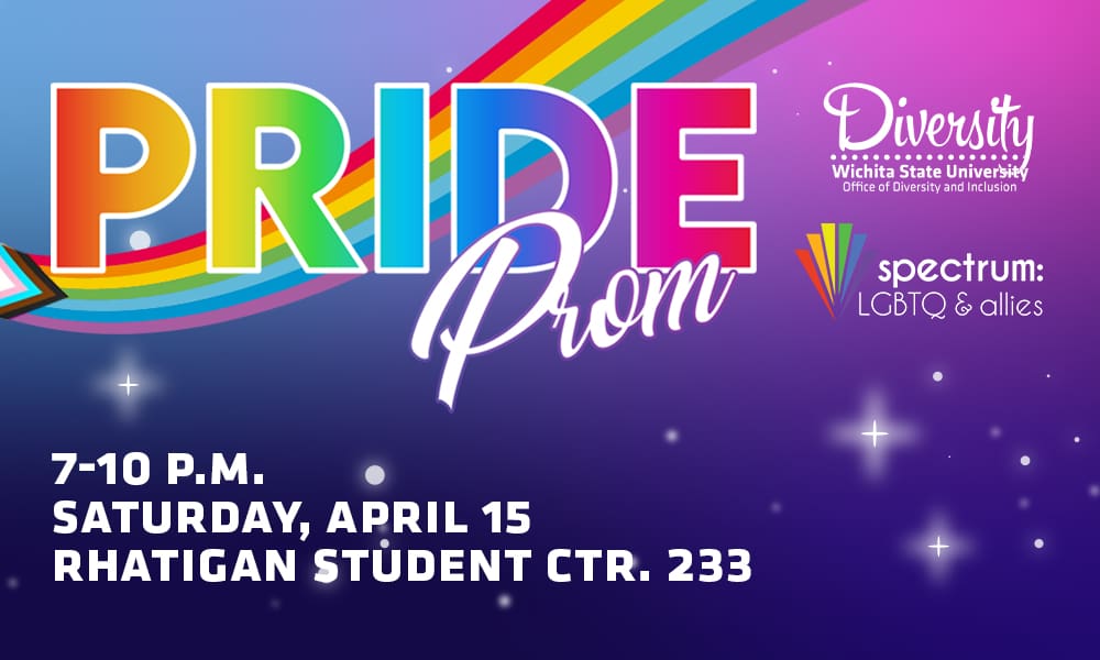 Graphic with a the LGBTQ+ flag in the background and the text, "PRIDE Prom, 7-10 p.m. Saturday, April 15 Rhatigan Student CTR. 233" and the ODR and Spectrum: LGBTQ & Allies logos.