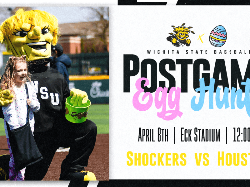 Graphic with a photo of WuShock posing with a girl and her Easter egg basket and the text, "Wichita State Baseball Postgame Egg Hunt. April 8th | Eck Stadium | 12:00pm. Shockers vs Houston."