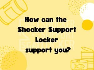 Graphic with various food items and the text "How can the Shocker Support Locker support you?"