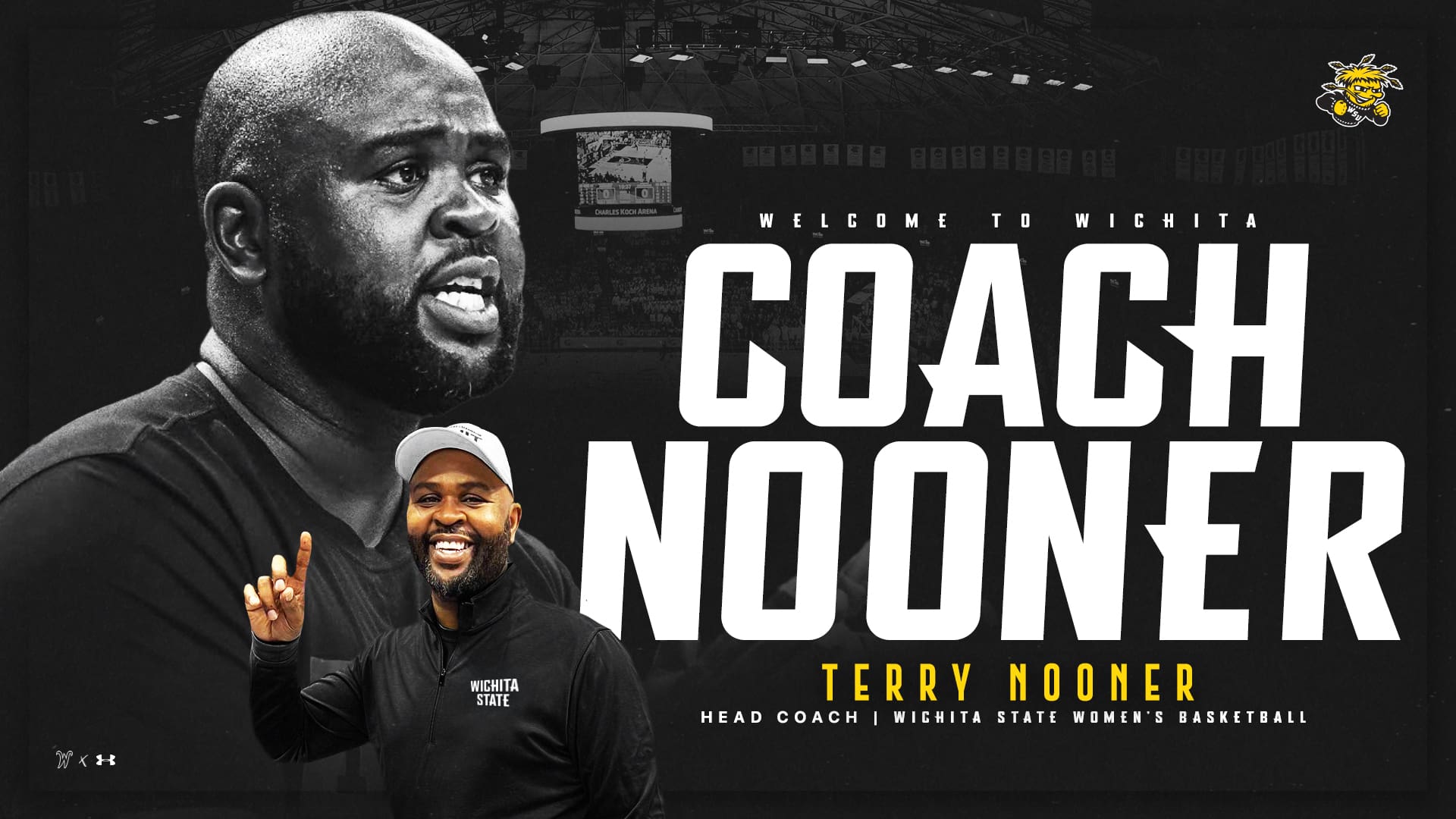 Graphic with photos of Terry Nooner and the text, "Welcome to Wichita, Terry Nooner! Head Coach for Wichita State Women's Basketball"