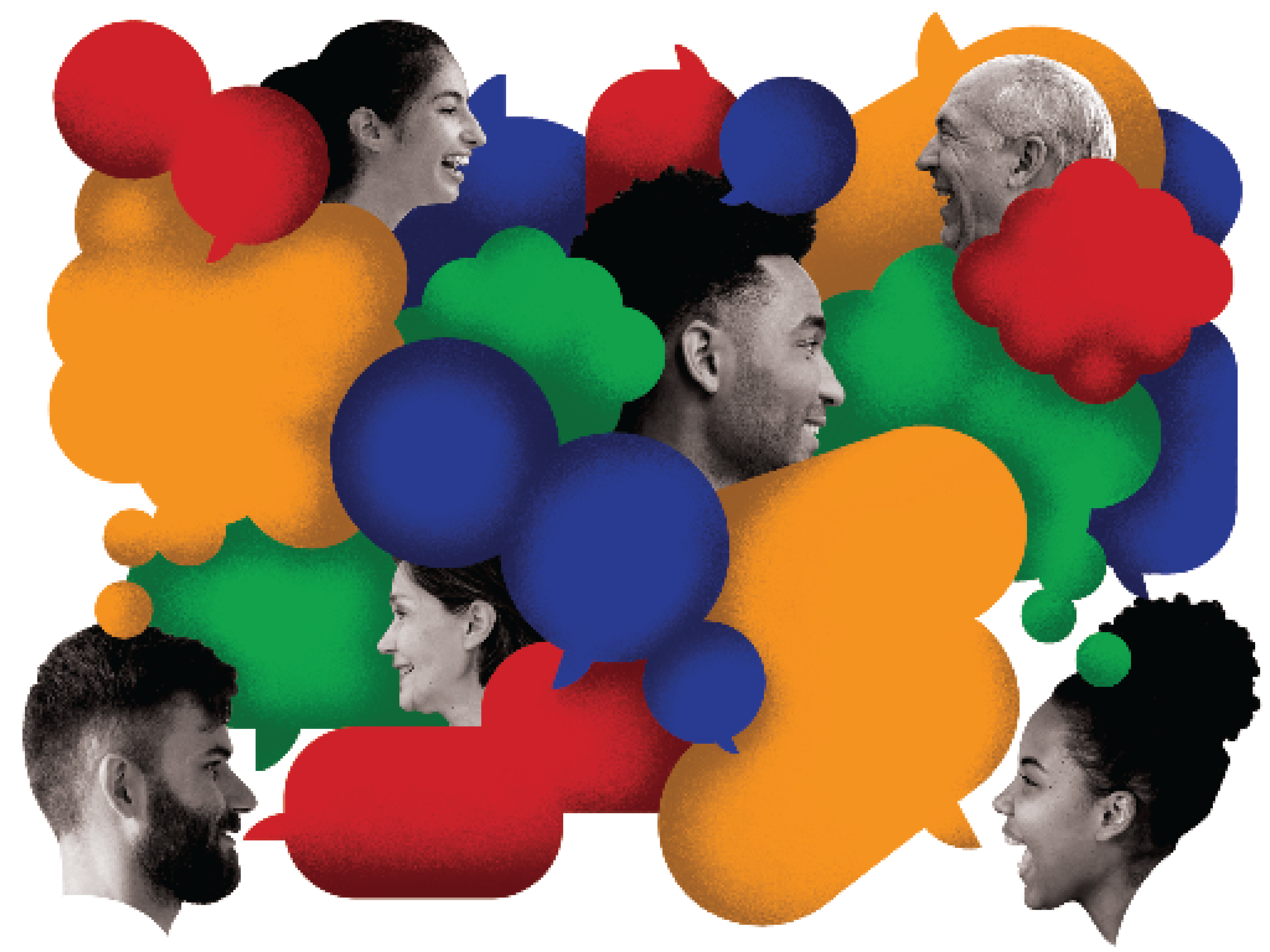 An illustration of a group of people of a variety of ages and backgrounds are surrounded by speech bubbles as they attempt to communicate about their feelings.