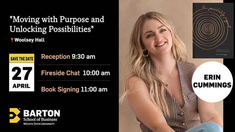 Graphic with a photo of Erin Cummings and her book with the text, "'Moving with Purpose and Unlicking Possibilities' Woolsey Hall | Save the date 27 April, Reception 9:30 am | Fireside Chat 10:00 am | Book Signing 11:00 am. Erin Cummings" and the Barton School logo.