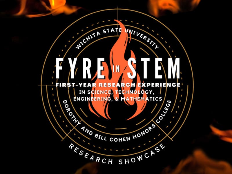 Graphic with flames and the text, "Wichita State University | FYRE in STEM First-Year Research Experience in science, technology, engineering, & mathematics | Dorothy and Bill Cohen Honors College | Research Showcase."