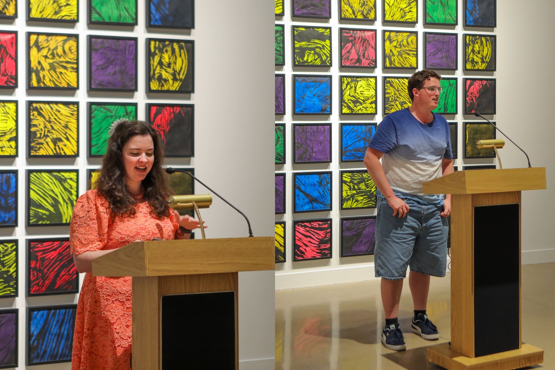 Photos of Lara Law and Alexander Romano reading their work at a podium.