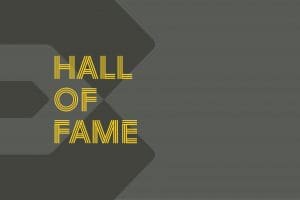 Graphic with a gray background and the Barton School "B" logo with the text "Hall of Fame" overtop of it.