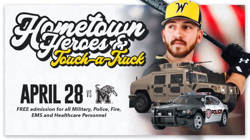 Graphic with photos of a Shocker baseball player and military and police vehicles with the text, "Hometown Heroes and Touch-a-Truck | April 28 vs Memphis | Free admission for all Military, Police, Fire, EMS and Healthcare Personnel."