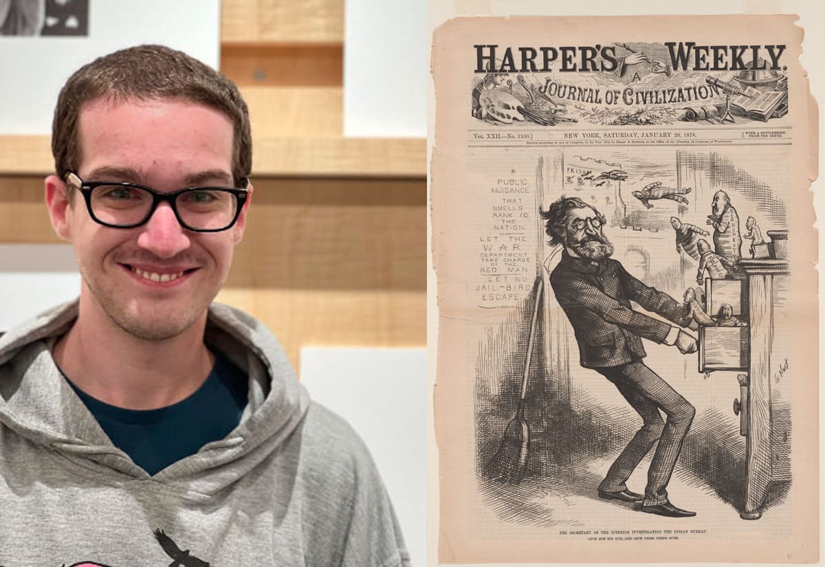 An image containing a photo portrait of Josh Cornett on the left, and an image of Thomas Nast's "Secretary of War Investigating the Indian Bureau," Wood engraving, 1878, on the right