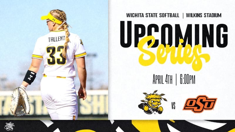 Graphic with a photo of Caroline Tallent, 33, and the text, "Wichita State Softball | Wilkins Stadium Upcoming Series. April 4th | 6:00pm" and the WuShock and OSU logos.