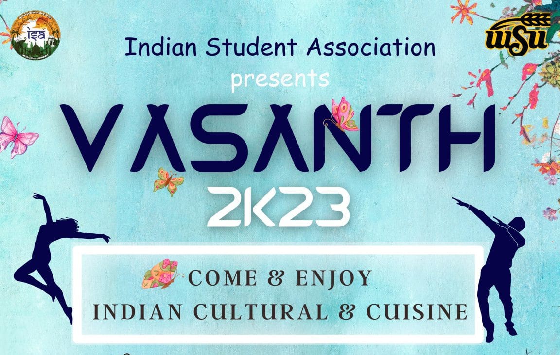 Graphic of silhouettes dancing and the text, "Indian Student Association presents VASANTH 2K23 | Come & enjoy Indian culture & cuisine."