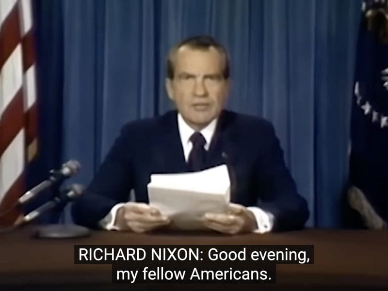 Former President Richard Nixon giving a speech on a 1960s-era television