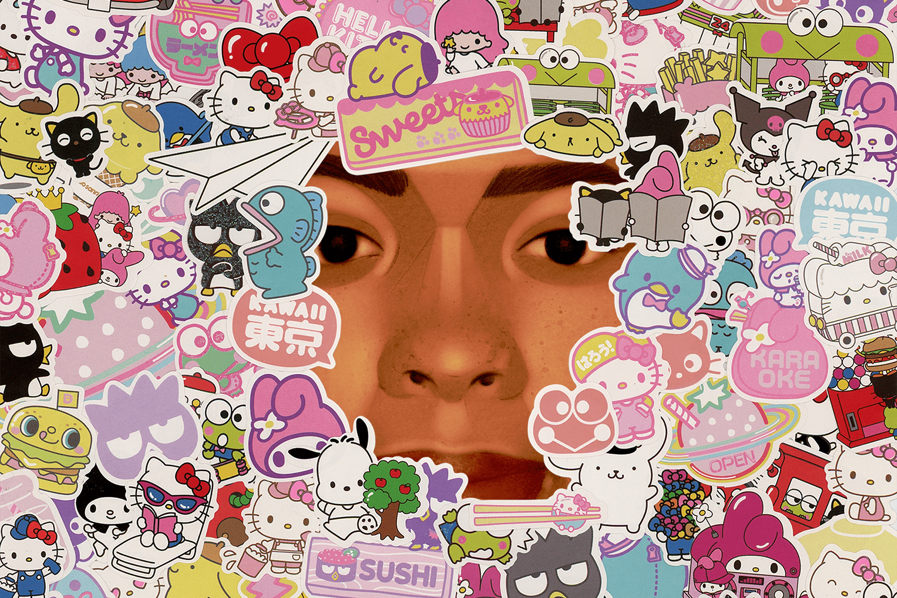 A photo of a young woman is partically obscured by Hello Kitty stickers in artwork by Austin Storie