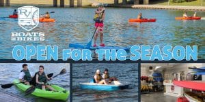Graphic with photos of people boating and the text, "Boats and Bikes Open for the Season."